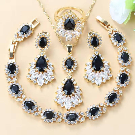 18K Gold Plated Big Jewelry Sets  Black Zircon & White Crystal