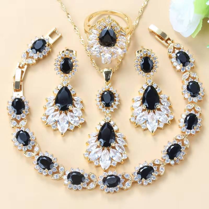 18K Gold Plated Big Jewelry Sets  Black Zircon & White Crystal (12)