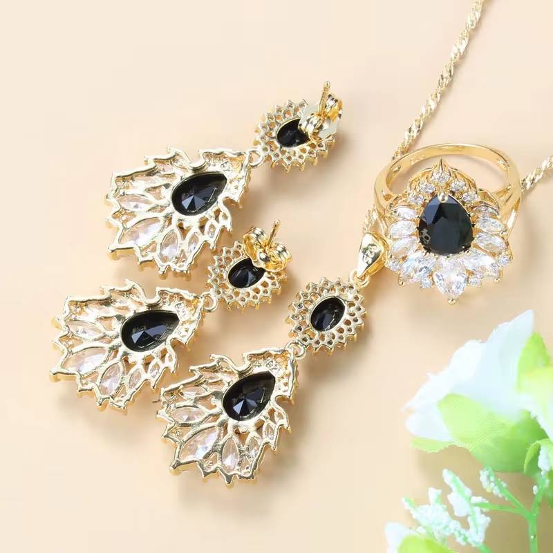 18K Gold Plated Big Jewelry Sets  Black Zircon & White Crystal (2)