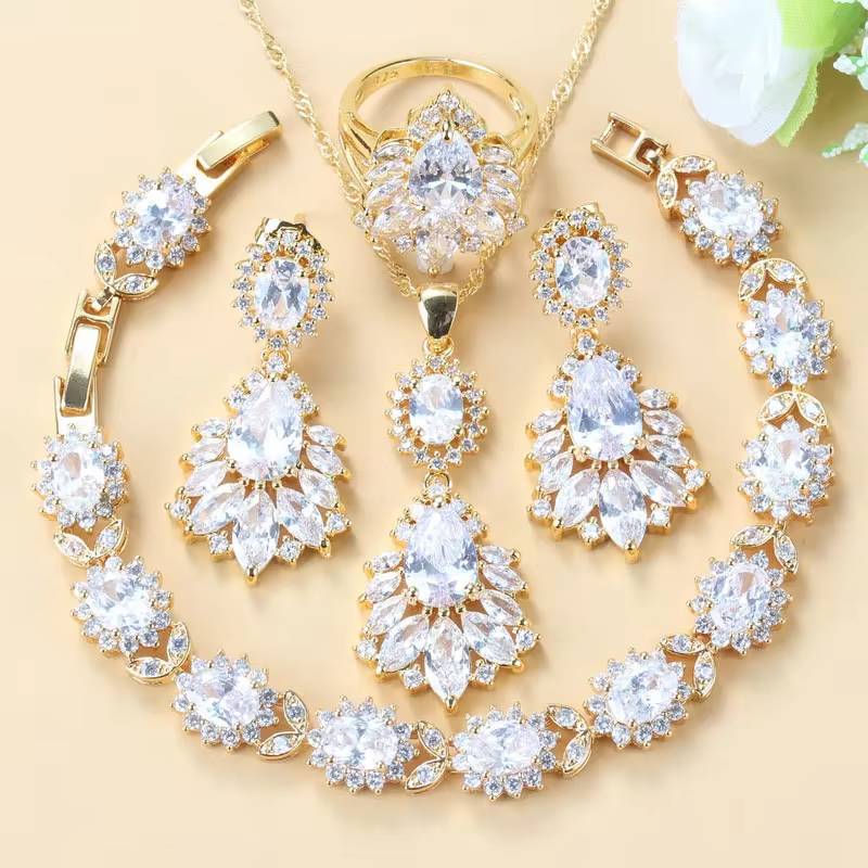 18K Gold Plated Big Jewelry Sets  Black Zircon & White Crystal (7)