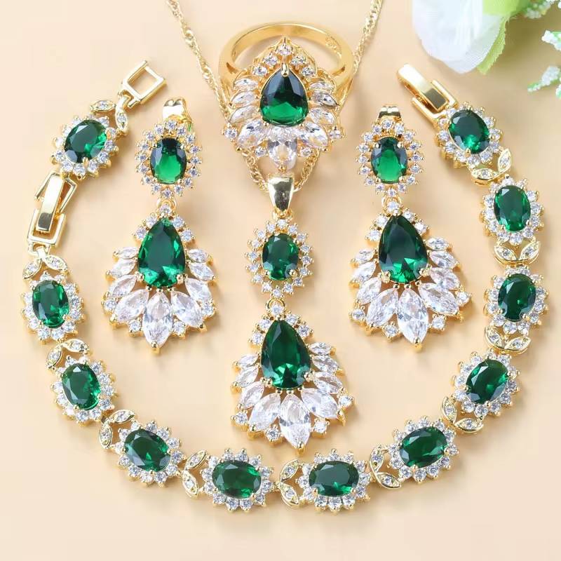 18K Gold Plated Big Jewelry Sets  Black Zircon & White Crystal (9)