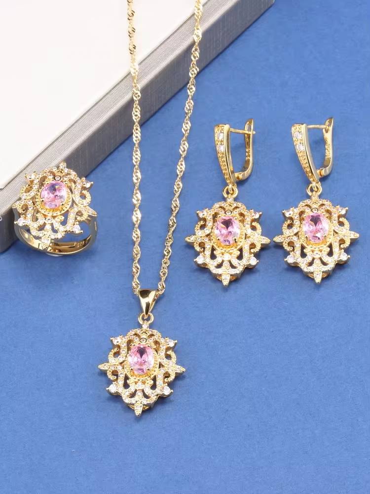 18K Gold Plated Bridal Necklace, Earrings & Ring for Women (11)