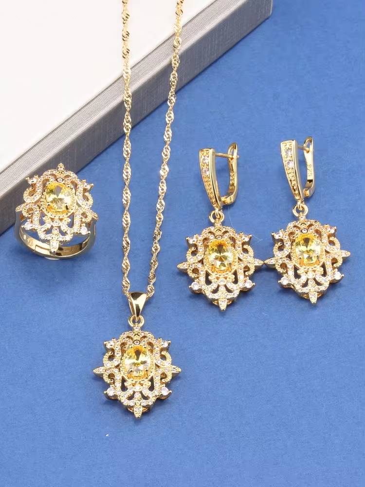 18K Gold Plated Bridal Necklace, Earrings & Ring for Women (12)