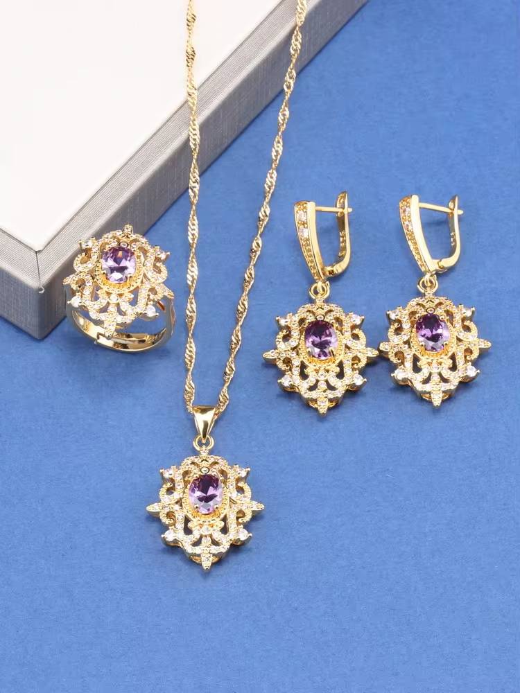 18K Gold Plated Bridal Necklace, Earrings & Ring for Women (13)