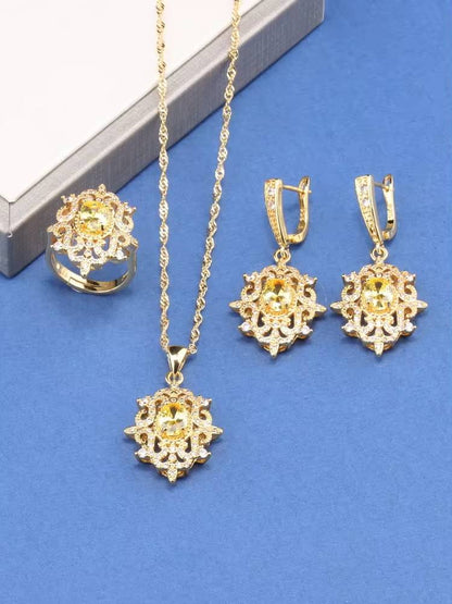 18K Gold Plated Bridal Necklace, Earrings & Ring for Women (7)