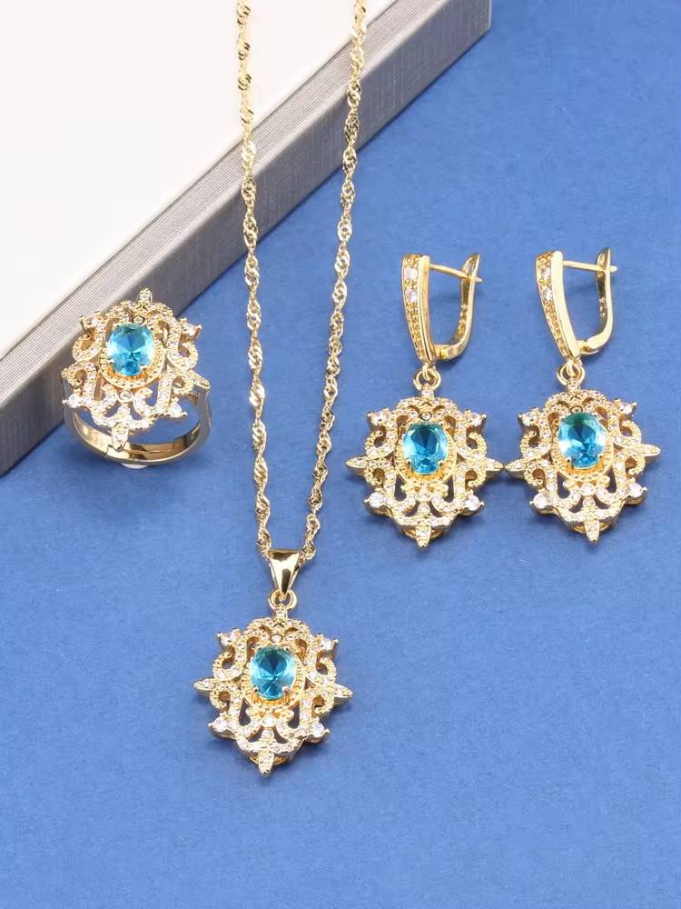 18K Gold Plated Bridal Necklace, Earrings & Ring for Women (9)