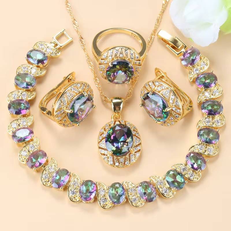 18K Gold Plated Olive Green Zirconia Jewelry Set (10)