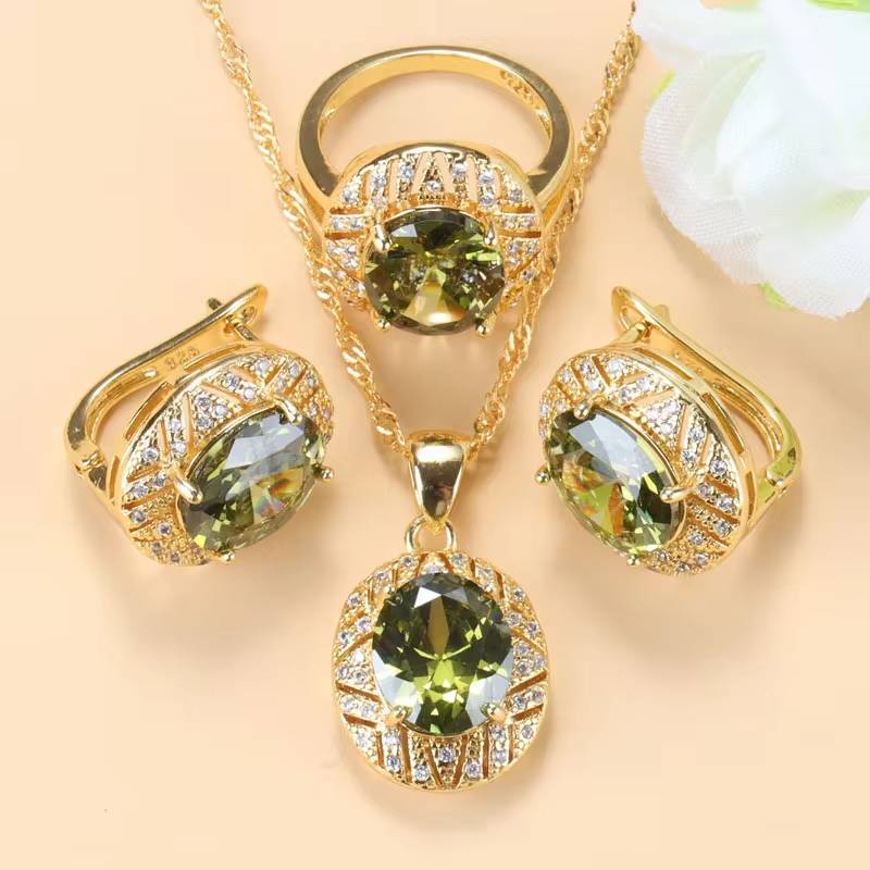 18K Gold Plated Olive Green Zirconia Jewelry Set (2)