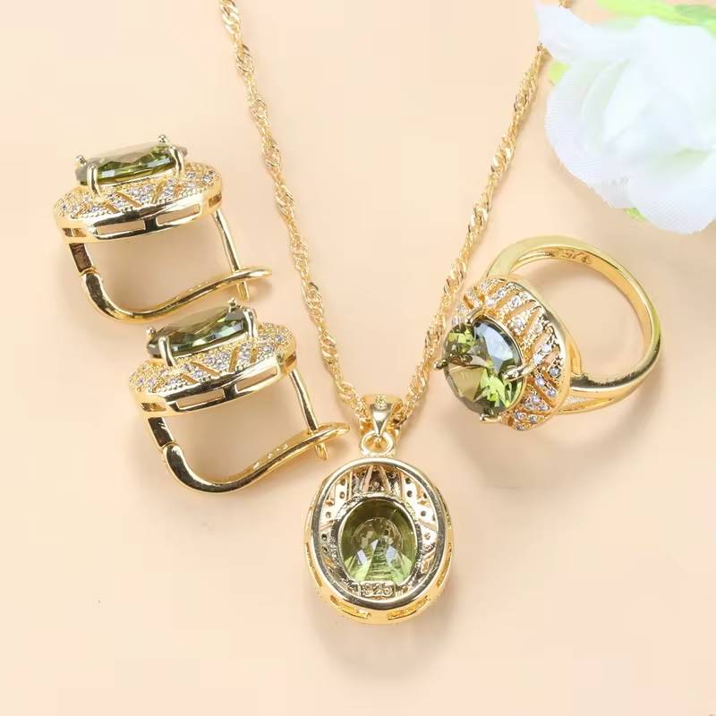 18K Gold Plated Olive Green Zirconia Jewelry Set (4)