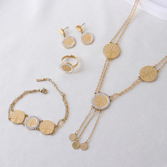 18K Gold Tree of Life Tassel Jewelry Set Necklace, Bracelet & Earrings (3)