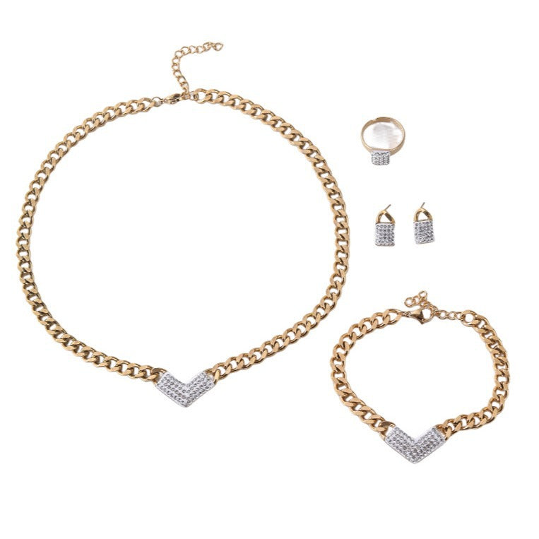 18K Titanium Steel Jewelry Set with Zircon V-Shaped Necklace, Bracelet