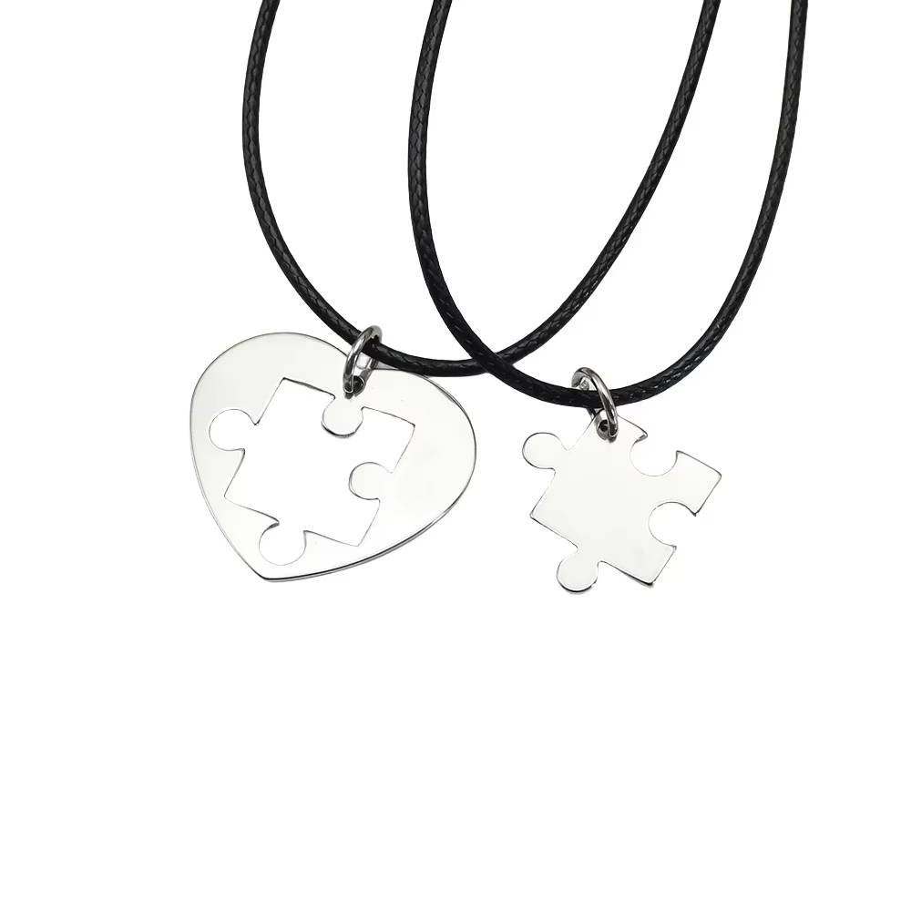 2PCS Stainless Steel Puzzle Heart Pendant Necklace Set