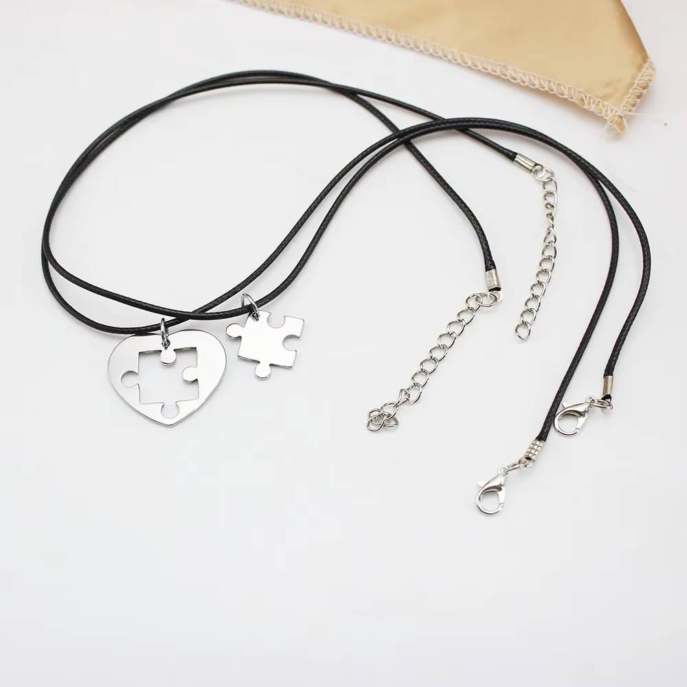 2PCS Stainless Steel Puzzle Heart Pendant Necklace Set (4)