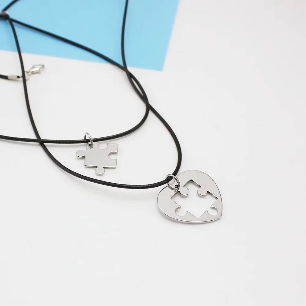 2PCS Stainless Steel Puzzle Heart Pendant Necklace Set (5)