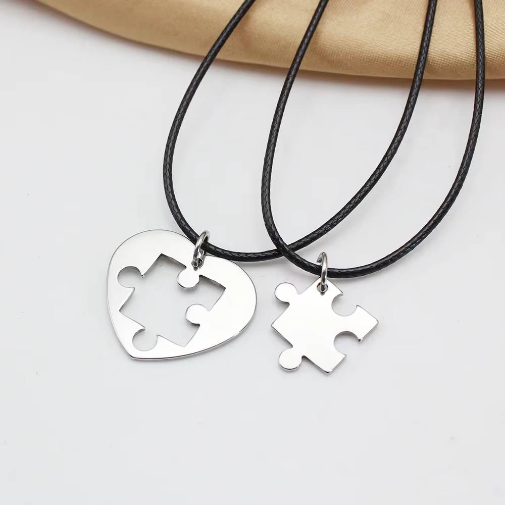 2PCS Stainless Steel Puzzle Heart Pendant Necklace Set (6)