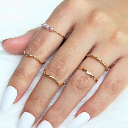 5Pcs Women's Stackable Rhinestone Wave Thin Midi Knuckle Ring Set (4)