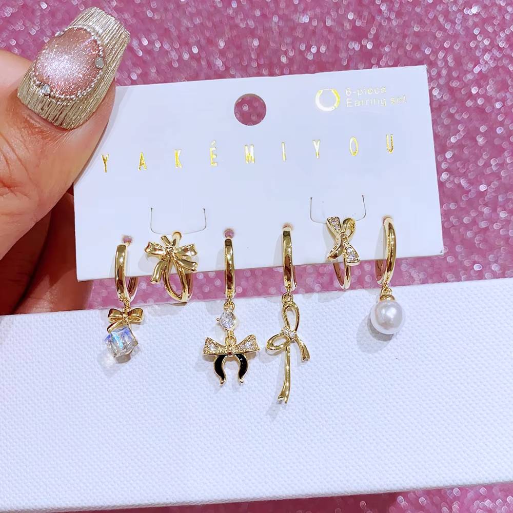 6pcs Crystal Bowknot Dangle Earrings Set - Gold Plated Women's Jewelry (5)