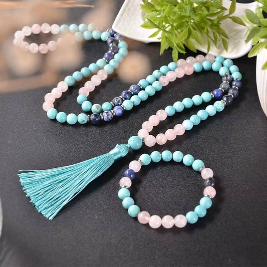 8mm Blue Turquoise Rose Quartz Blue Sodalite Beaded Mala Necklace (2)