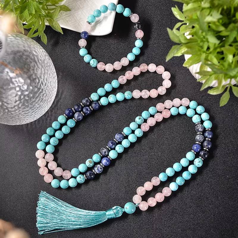 8mm Blue Turquoise Rose Quartz Blue Sodalite Beaded Mala Necklace (3)