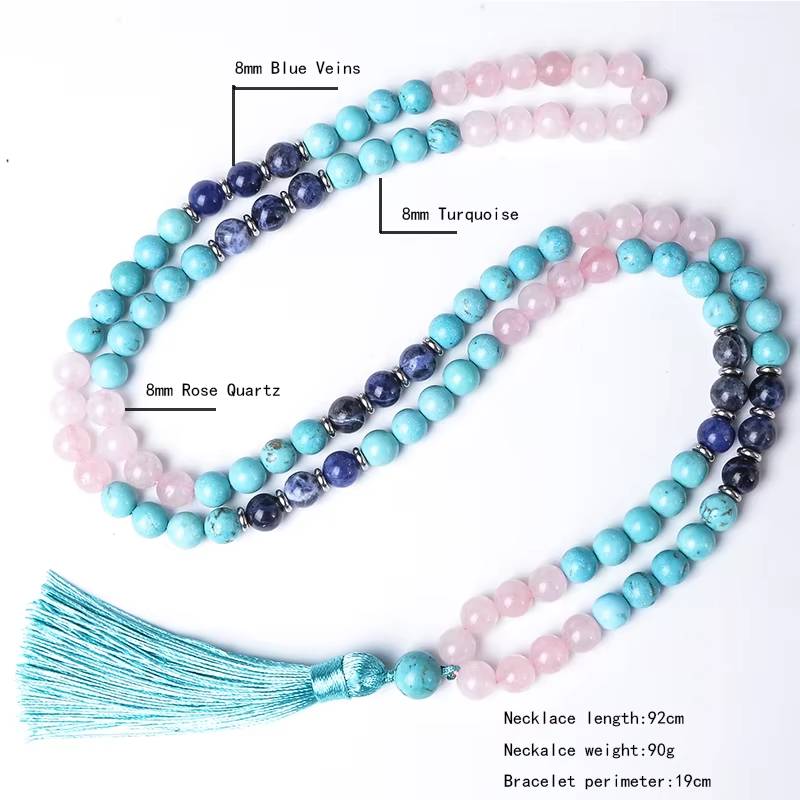 8mm Blue Turquoise Rose Quartz Blue Sodalite Beaded Mala Necklace (5)