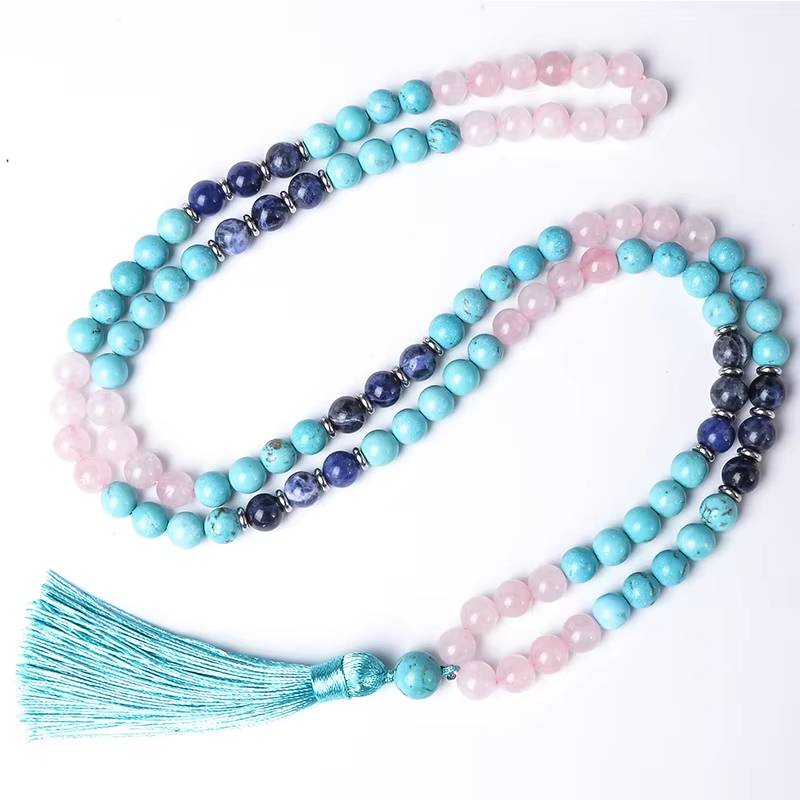 8mm Blue Turquoise Rose Quartz Blue Sodalite Beaded Mala Necklace (7)