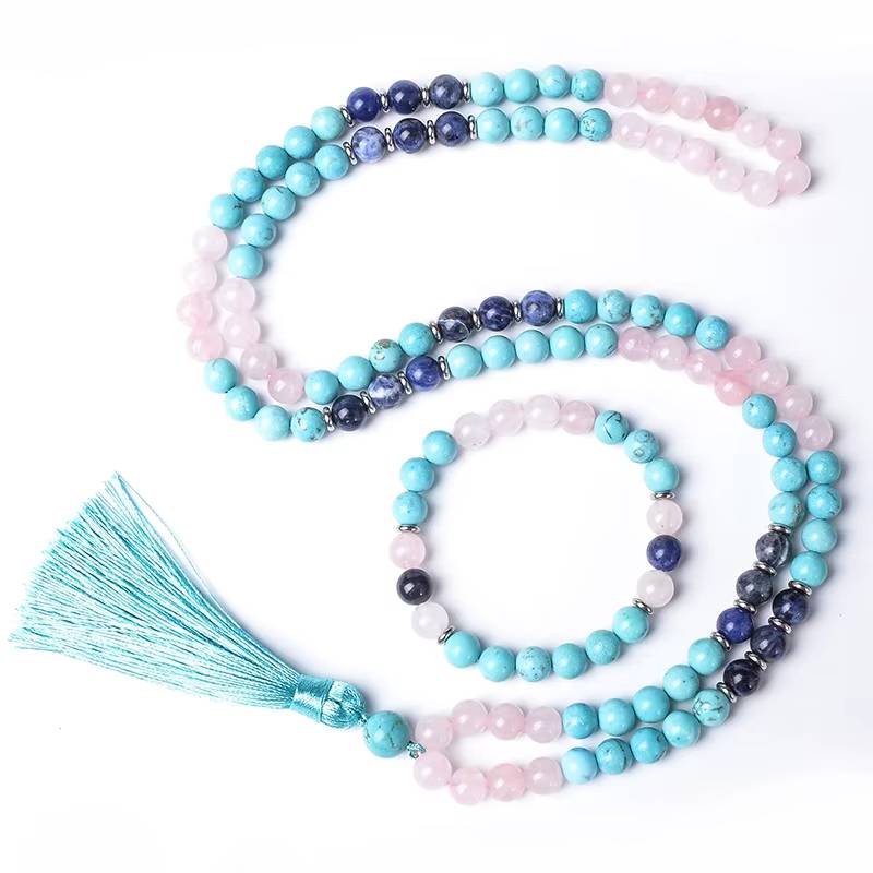 8mm Blue Turquoise Rose Quartz Blue Sodalite Beaded Mala Necklace (8)