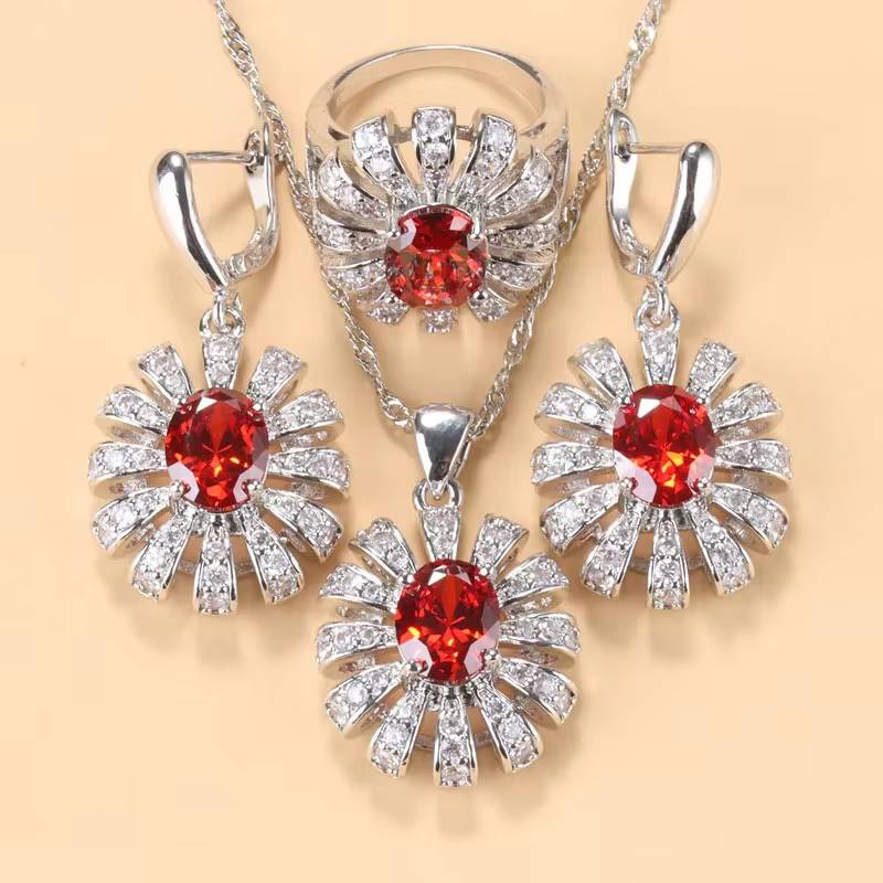 925 Silver Sunflower Big Bracelet Jewelry Set with AAA+ Red Garnet (10)