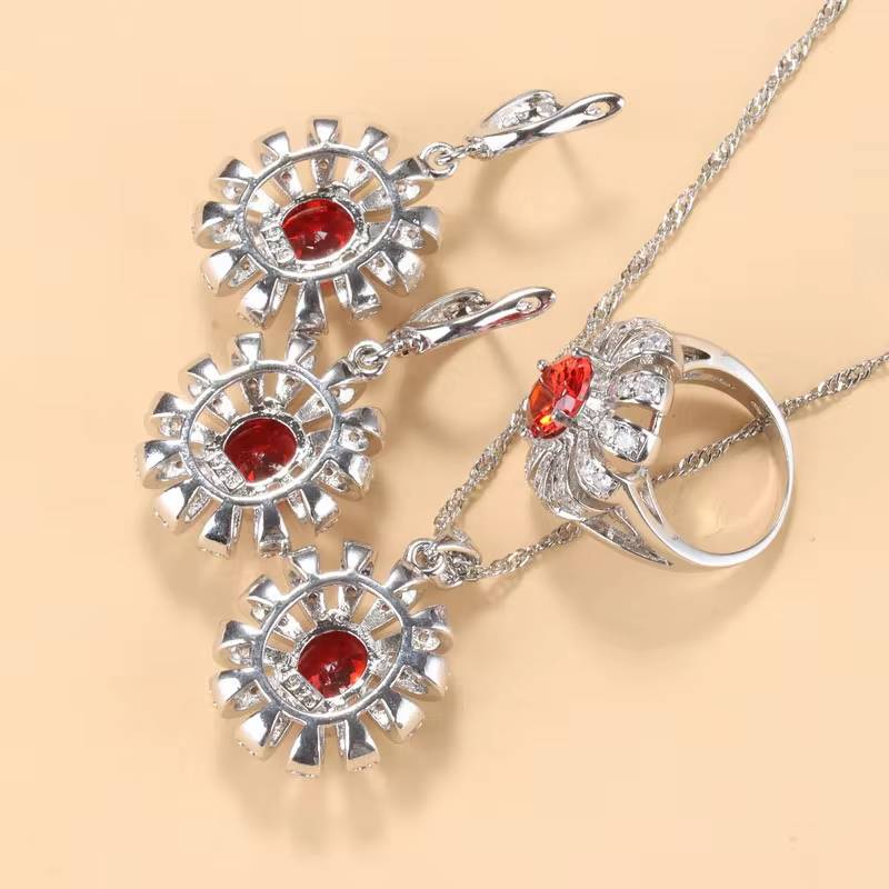 925 Silver Sunflower Big Bracelet Jewelry Set with AAA+ Red Garnet (13)