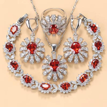 925 Silver Sunflower Big Bracelet Jewelry Set with AAA+ Red Garnet (16)