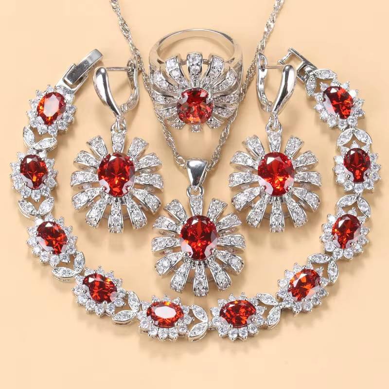 925 Silver Sunflower Big Bracelet Jewelry Set with AAA+ Red Garnet (3)