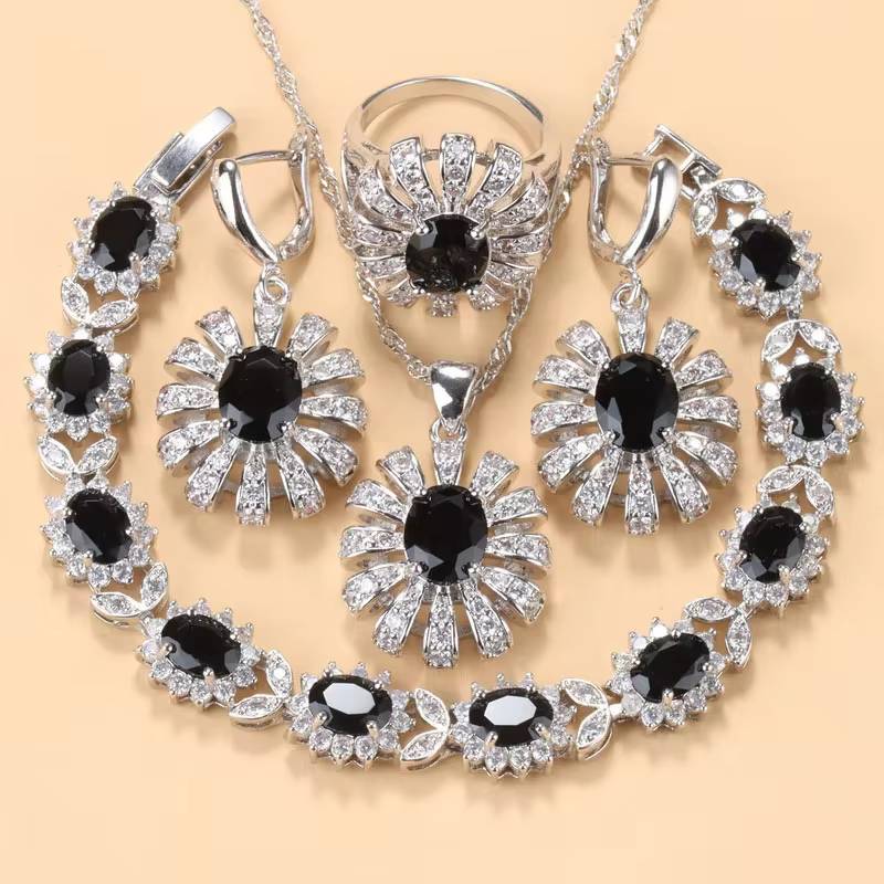 925 Silver Sunflower Big Bracelet Jewelry Set with AAA+ Red Garnet (8)