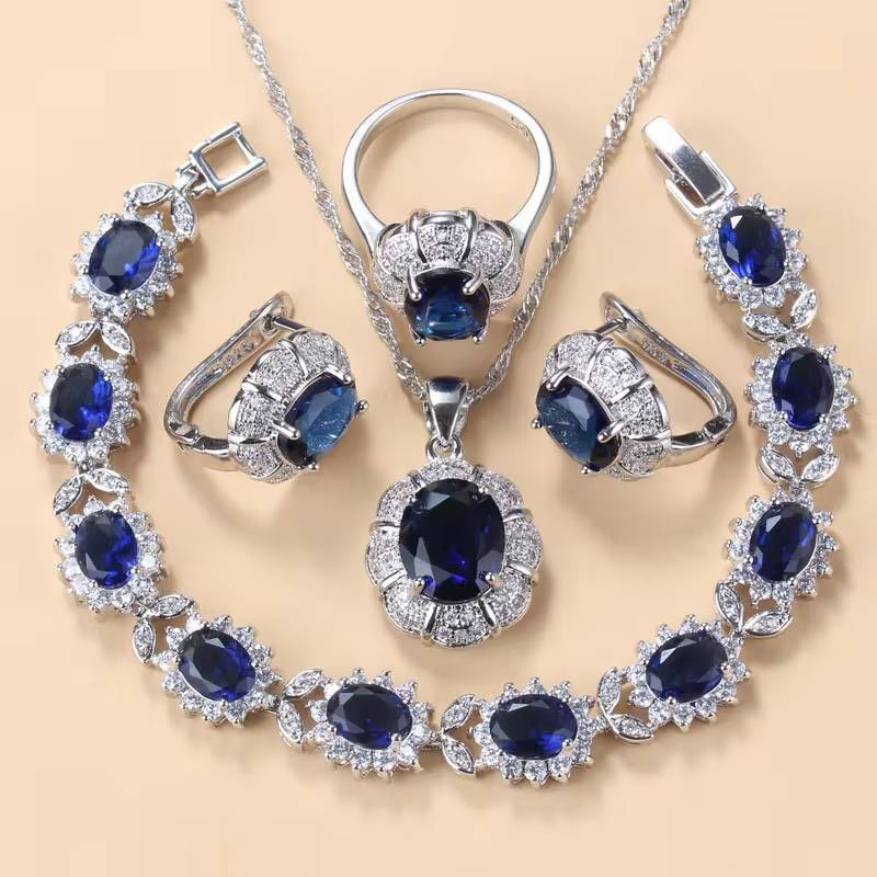 925 Sterling Silver Blue CZ Wedding Jewelry Sets