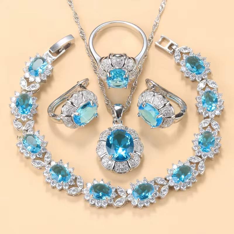 925 Sterling Silver Blue CZ Wedding Jewelry Sets (11)