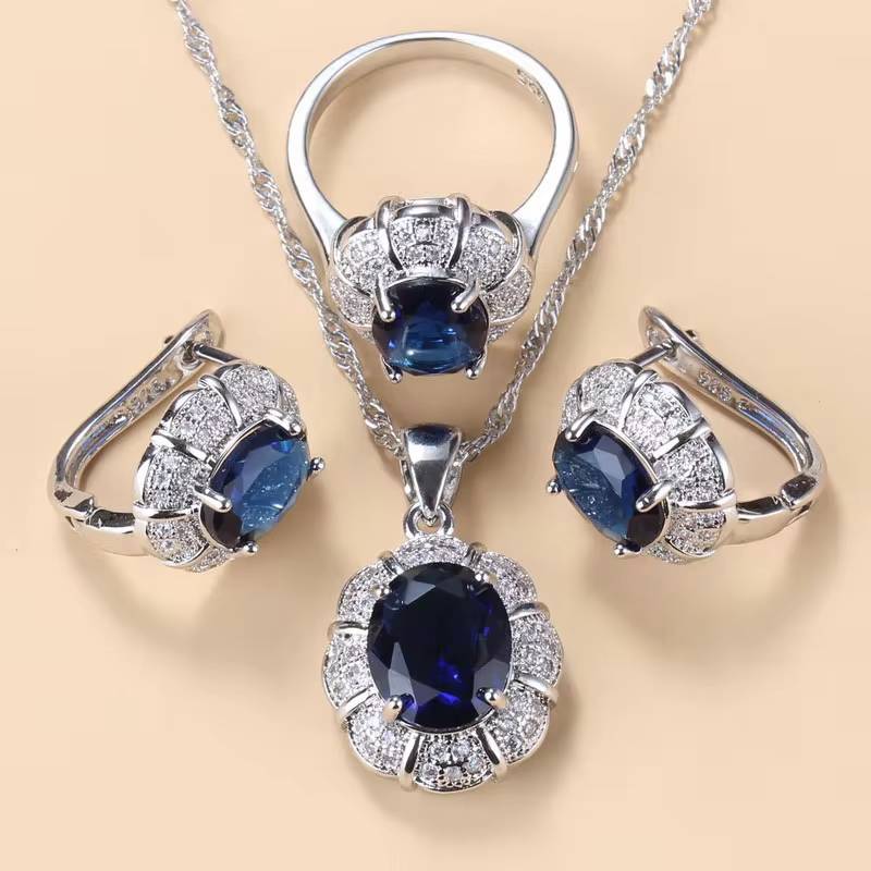 925 Sterling Silver Blue CZ Wedding Jewelry Sets (5)