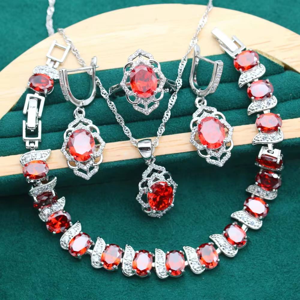 925 Sterling Silver Jewelry Set for Women with Red Gemstone