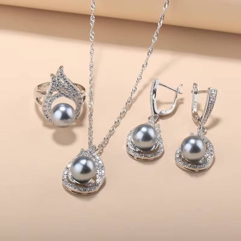 925 Sterling Silver Natural Pearl Bridal Jewelry Set (2)