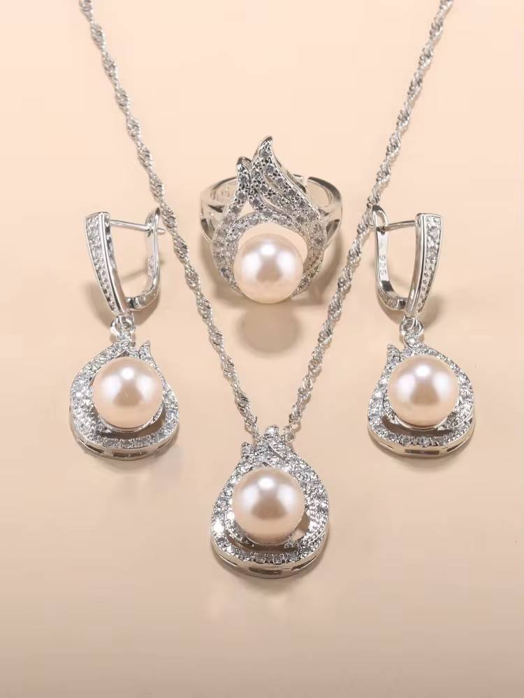 925 Sterling Silver Natural Pearl Bridal Jewelry Set (9)