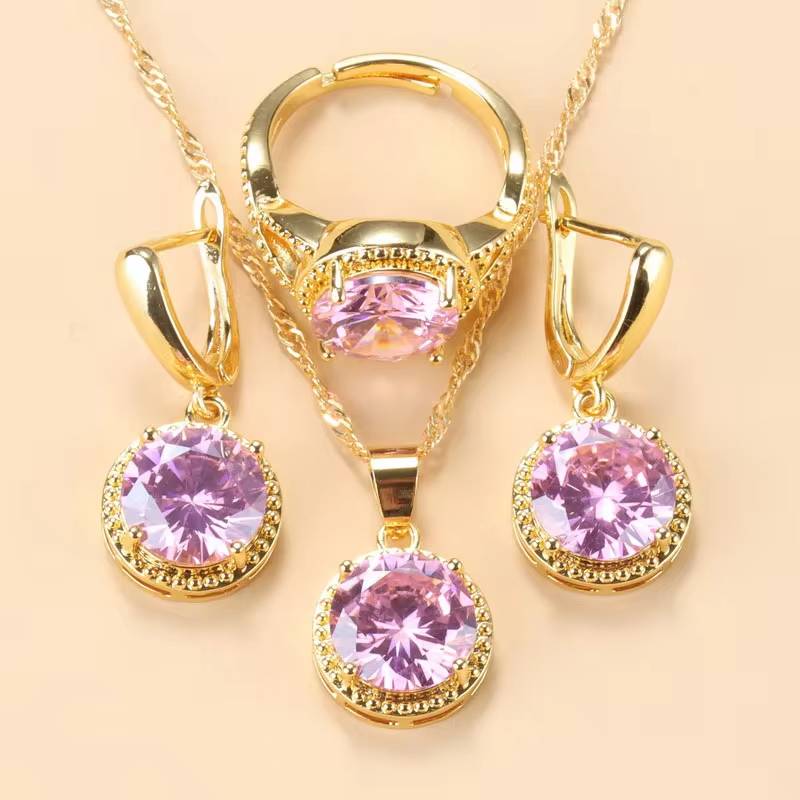 African 18K Gold Plated Pink Stone Jewelry Set