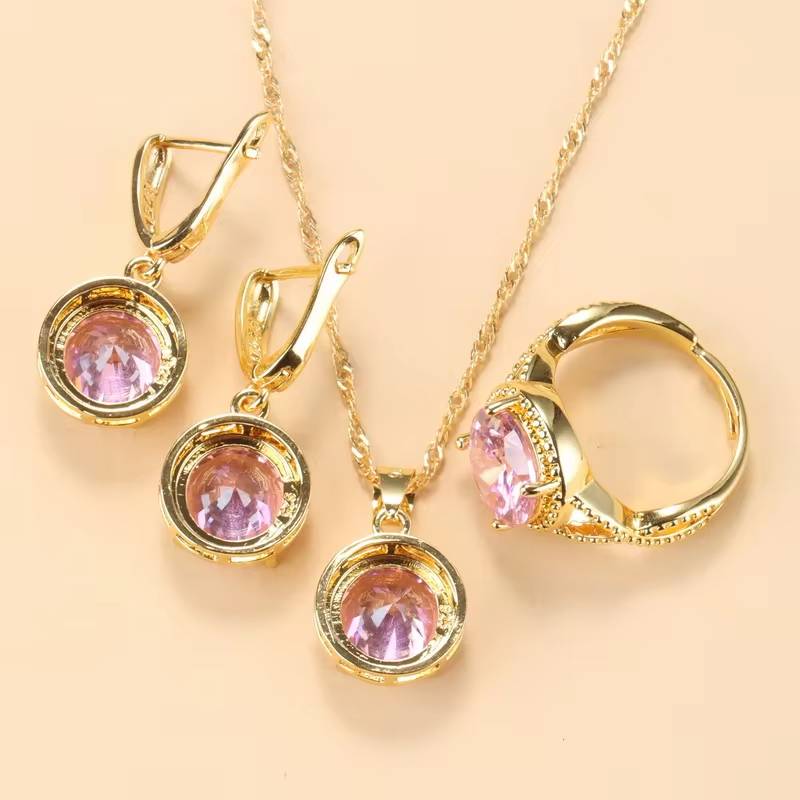 African 18K Gold Plated Pink Stone Jewelry Set (2)