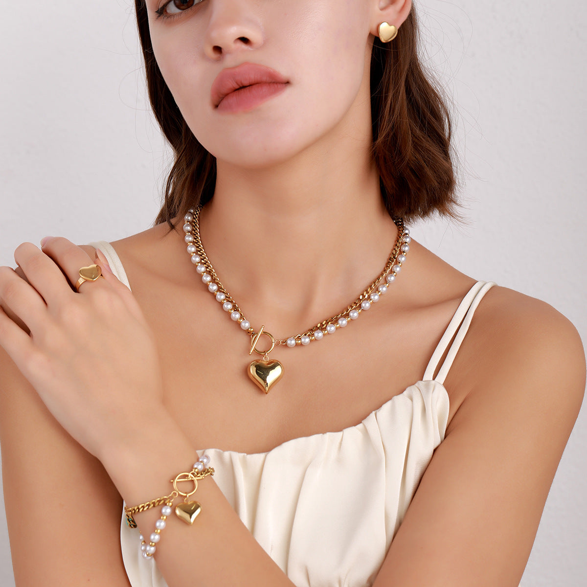 Baroque Pearl Heart Bracelet Necklace Set Fashion Luxury Jewelry (3)