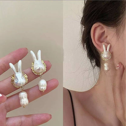 Baroque Pearl Rabbit Bunny Earrings for Women