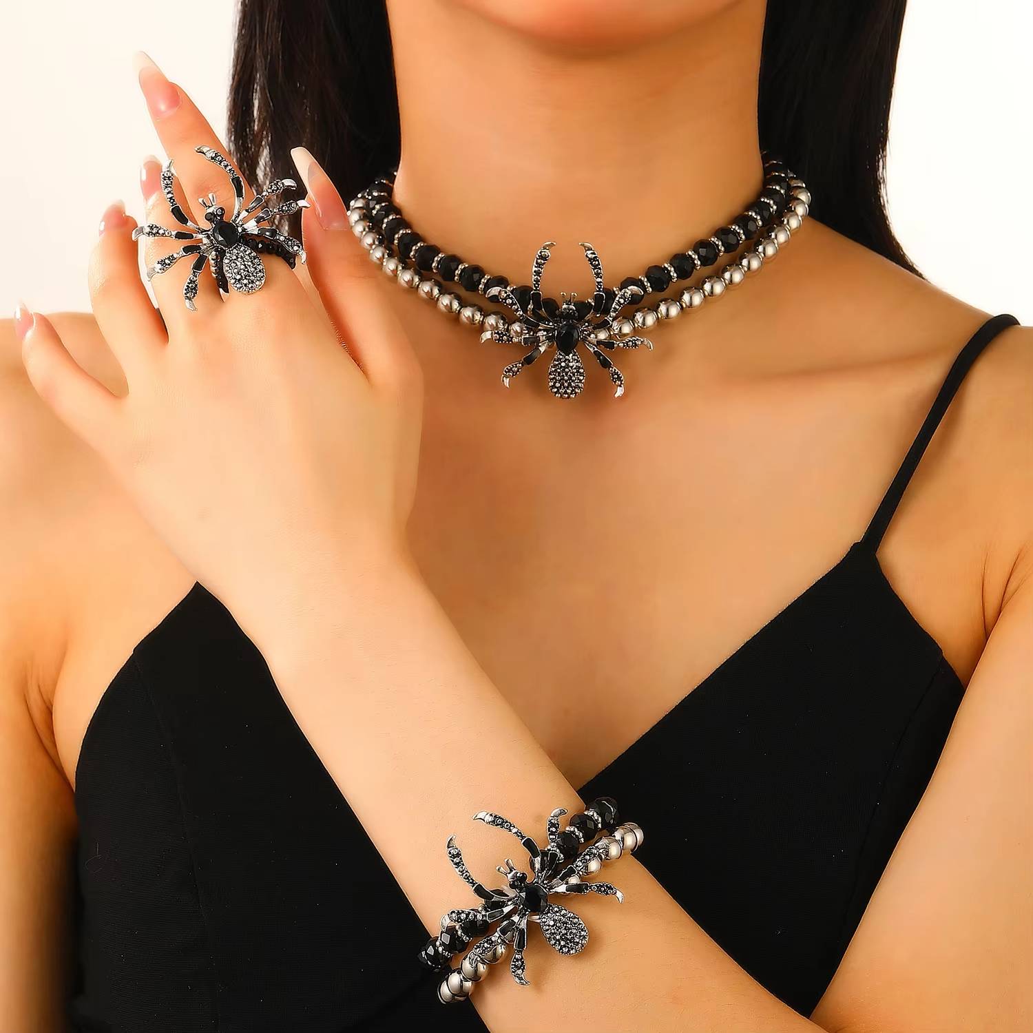 Black Crystal Spider Necklace, Bracelet, Ring - Halloween Accessories (2)