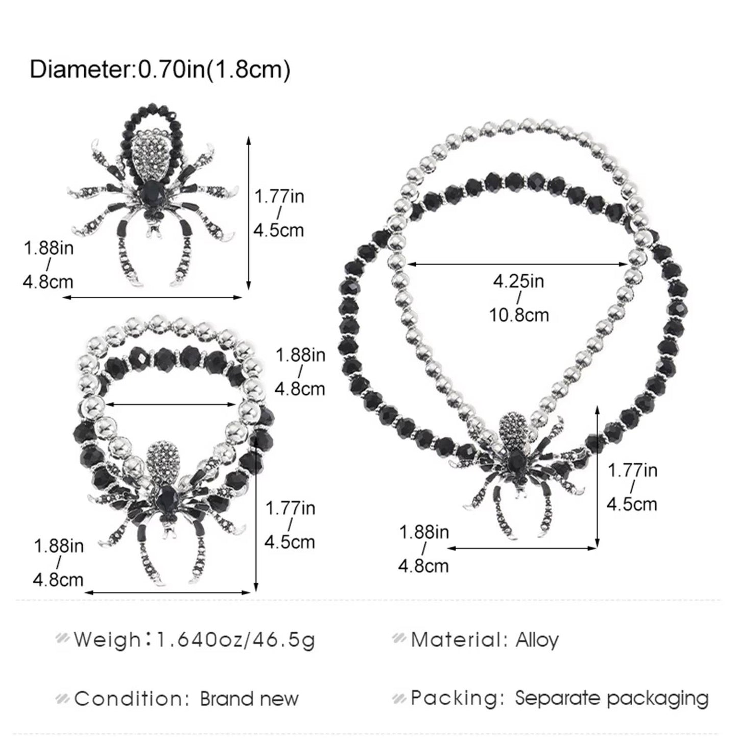 Black Crystal Spider Necklace, Bracelet, Ring - Halloween Accessories (4)