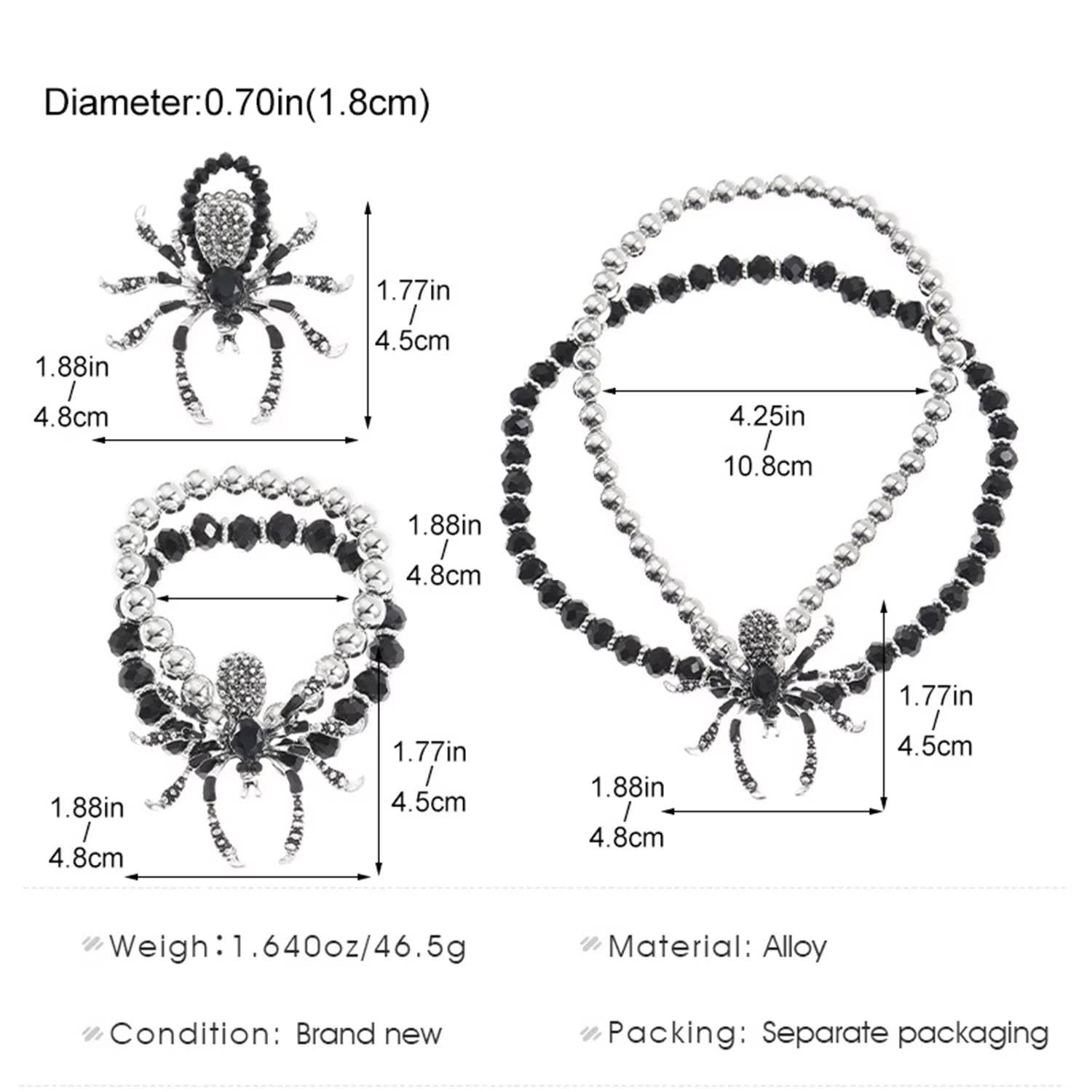 Black Crystal Spider Necklace, Bracelet, Ring - Halloween Accessories (4)