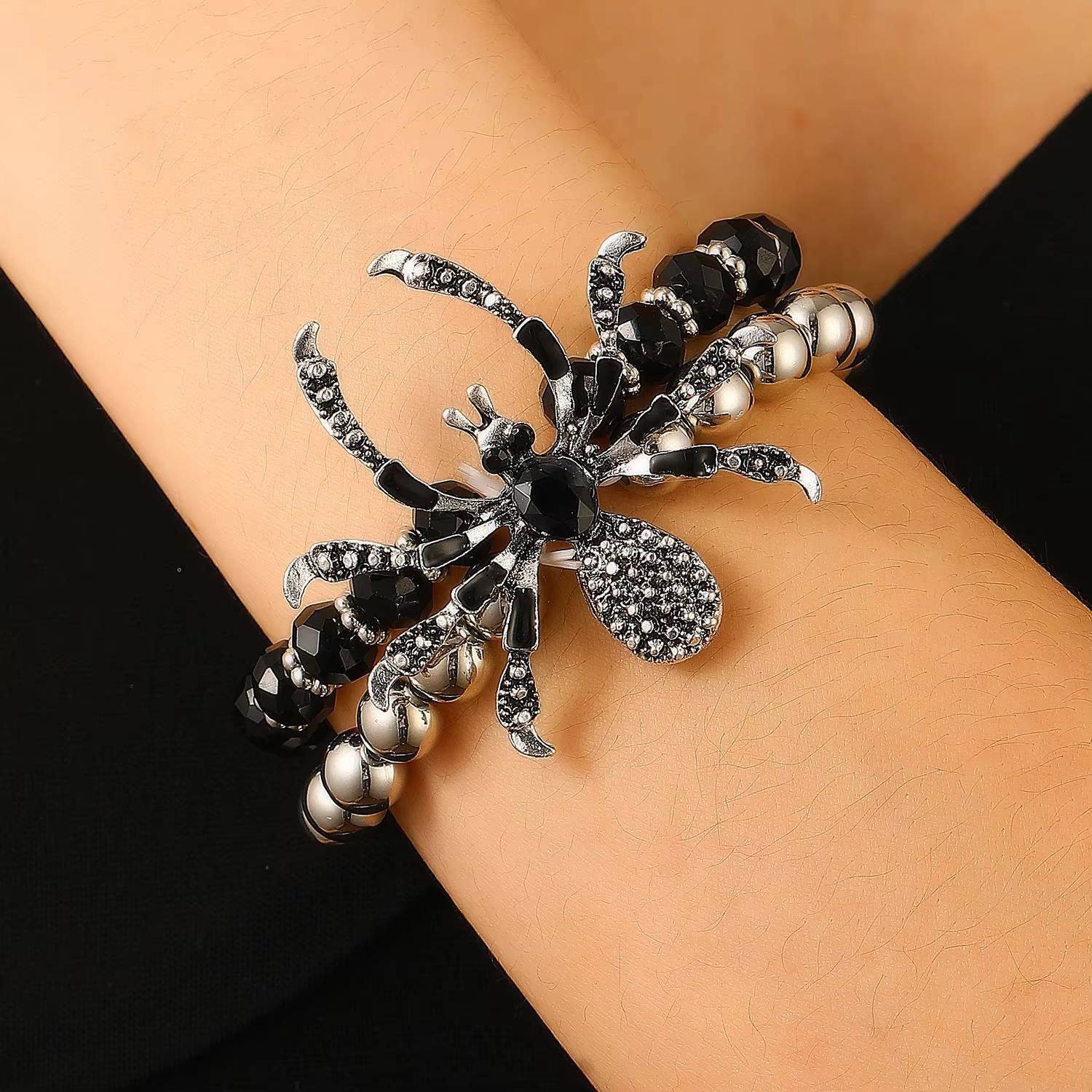 Black Crystal Spider Necklace, Bracelet, Ring - Halloween Accessories (6)