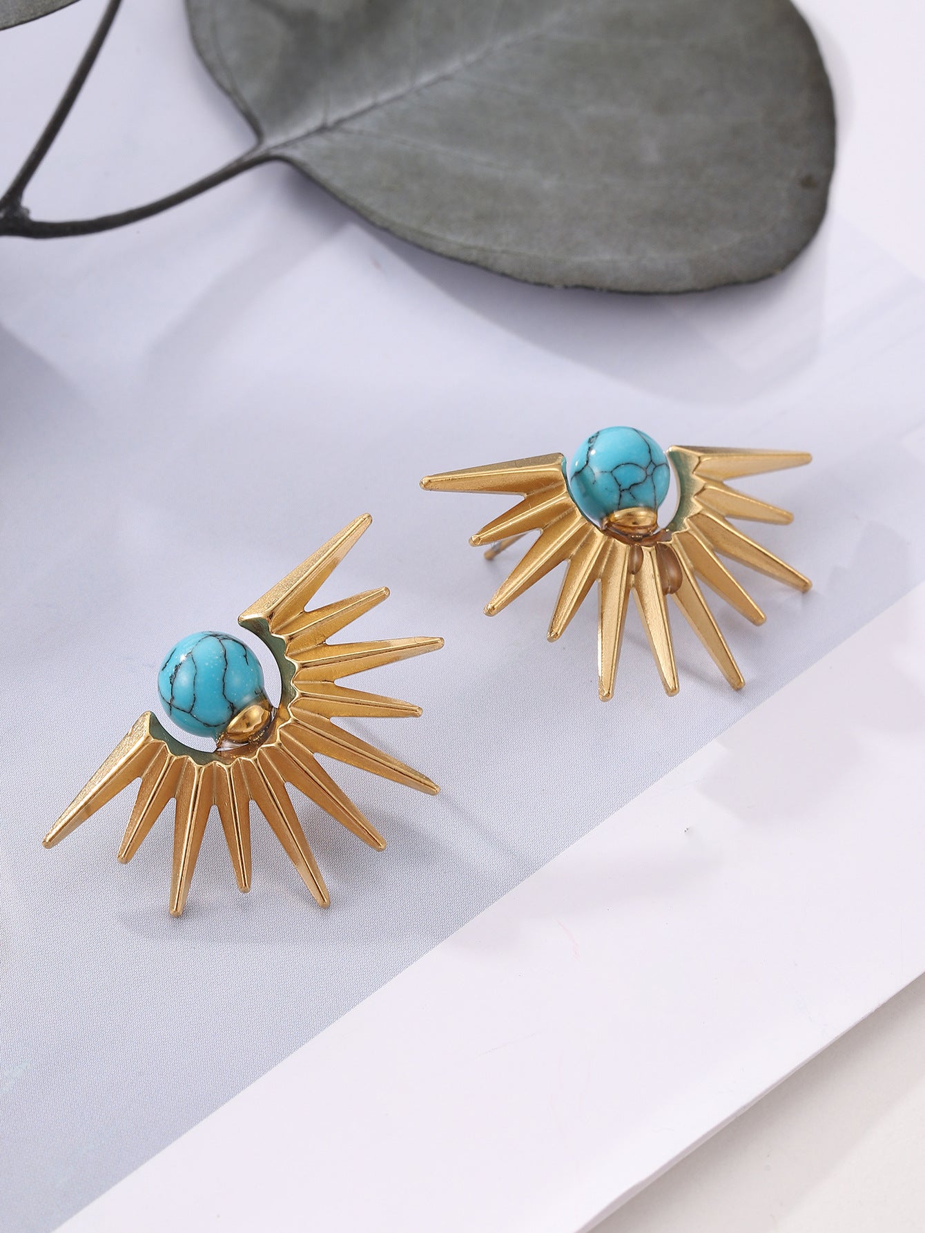 Blue Turquoise Titanium Steel 18K Gold Sunflower Radiant Earrings (3)