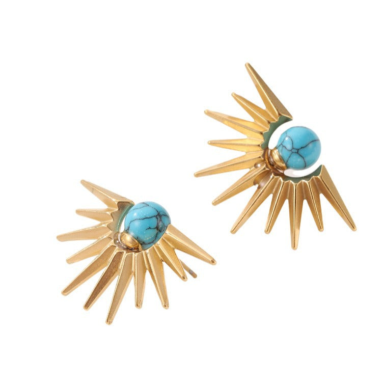 Blue Turquoise Titanium Steel 18K Gold Sunflower Radiant Earrings (4)