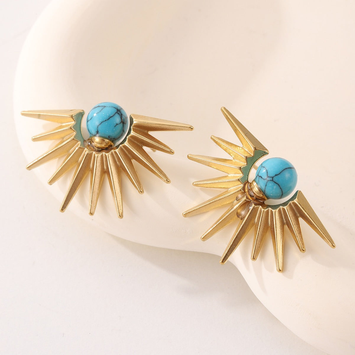 Blue Turquoise Titanium Steel 18K Gold Sunflower Radiant Earrings (8)