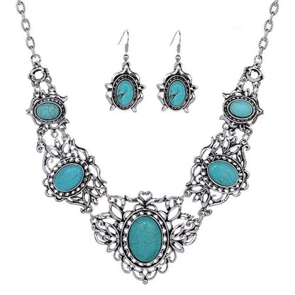 Bohemian Tibetan Turquoise Bib Collar Necklace Earrings Set