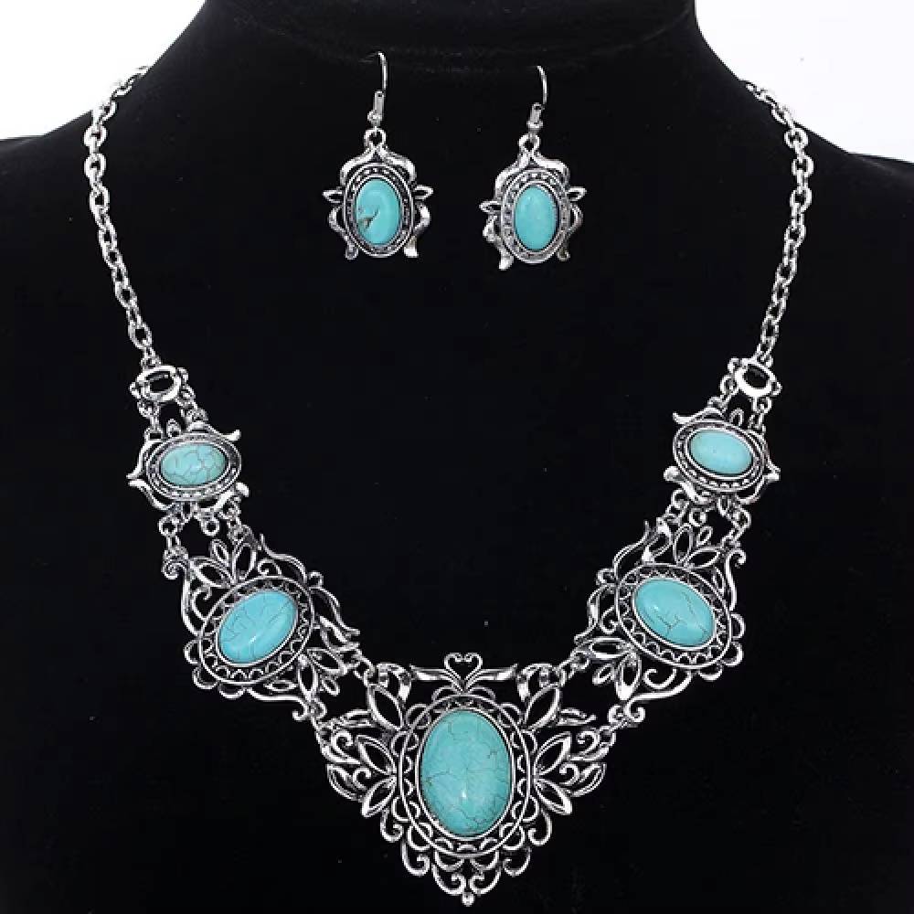 Bohemian Tibetan Turquoise Bib Collar Necklace Earrings Set (2)